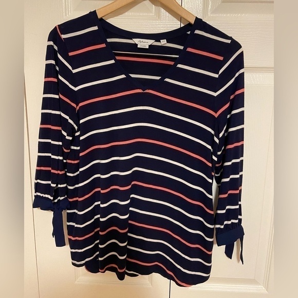 Reitman's Nautical Coral And Navy 3/4 Sleeve Blouse Medium - Picture 2 of 6